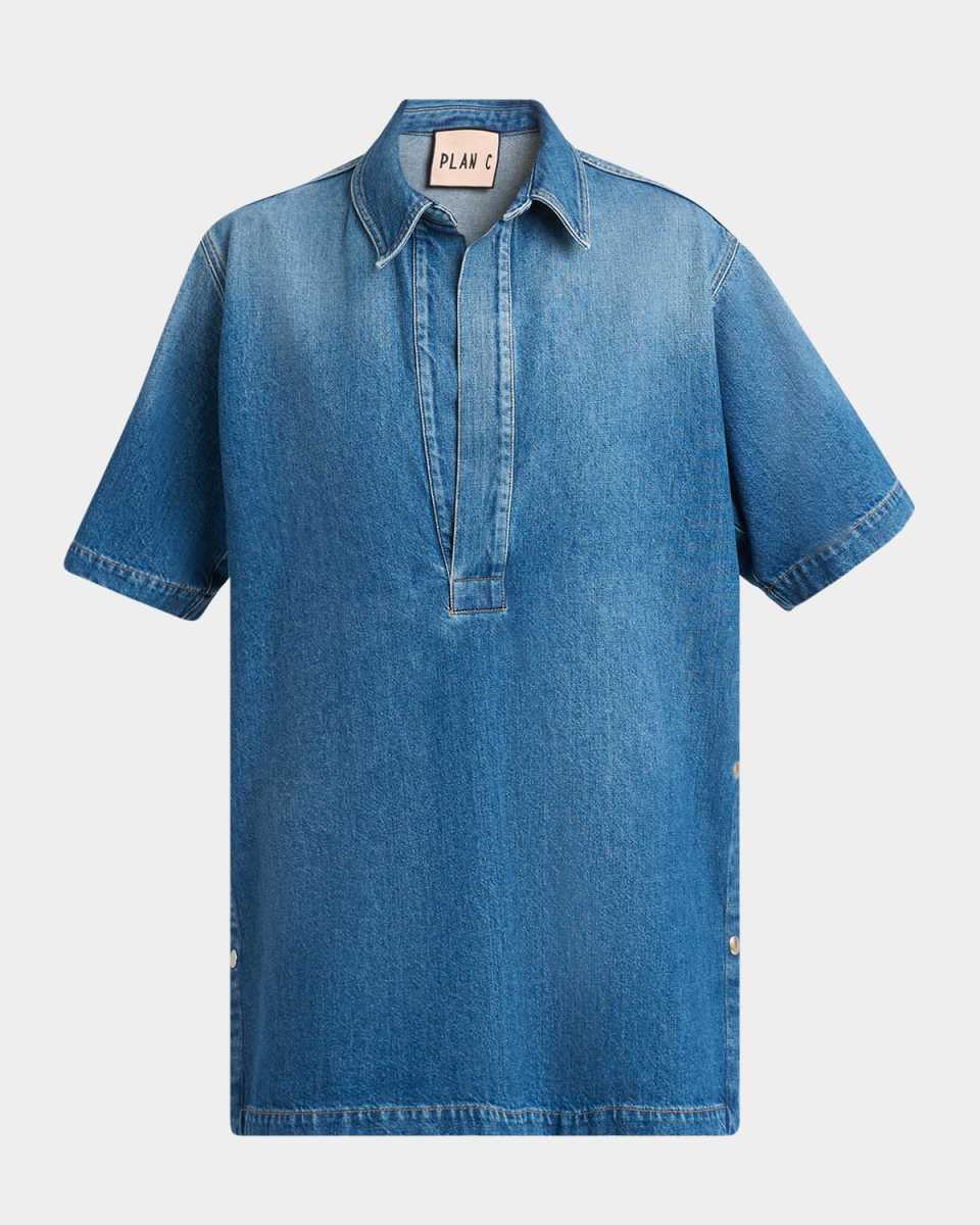Snap-Slits Collared Denim Shirt